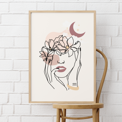 Aquarius Flowers and Moon Matte Poster