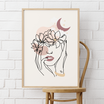 Capricorn Flowers and Moon Matte Poster