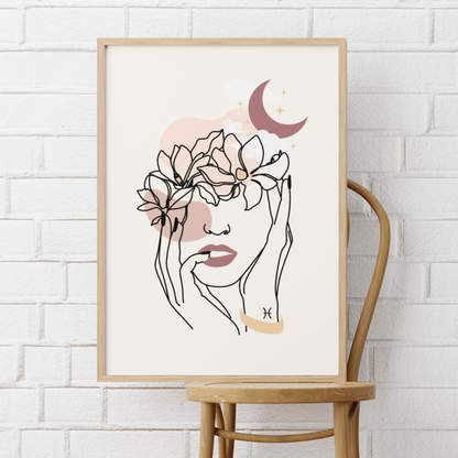 Pisces Flowers and Moon Matte Poster